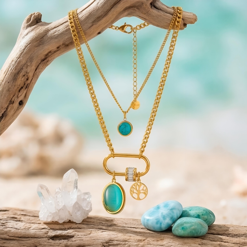 18K Gold Plated Layered Turquoise Crystal Tree Of Life Necklace Boho Chic Gift - Picture 7 of 17